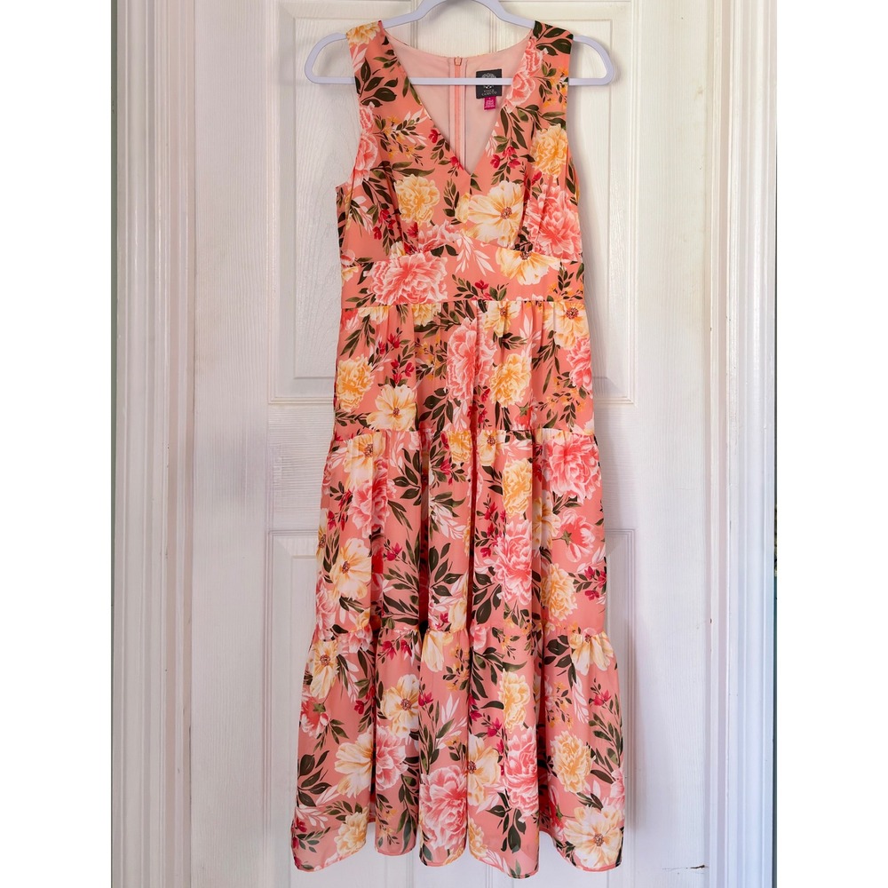 Vince Camuto Floral Midi Dress Coral Pink Excellent Tiered V-Neck Size 6